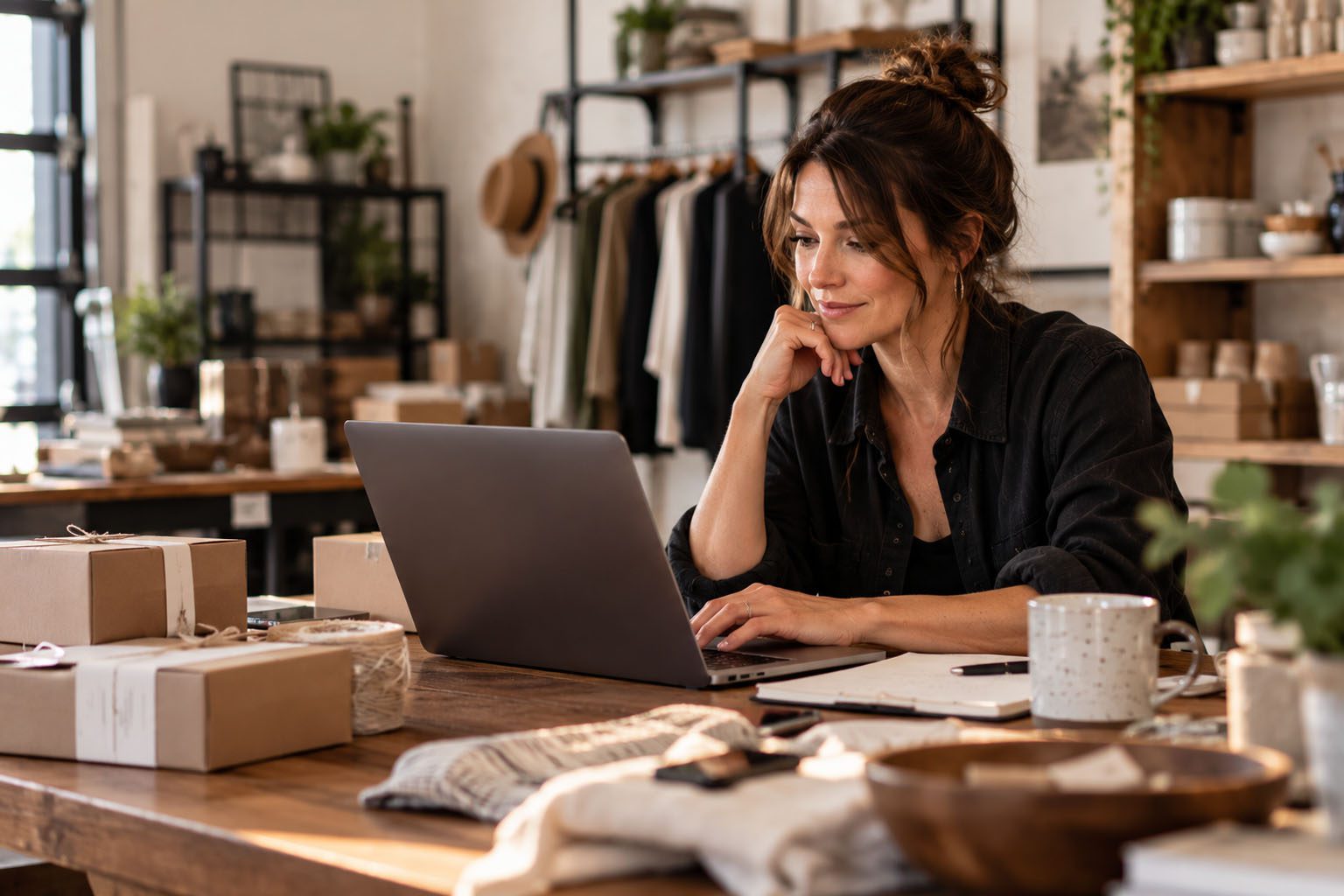 Small business owner deciding which ecommerce platform is right for her business, comparing options on her laptop.