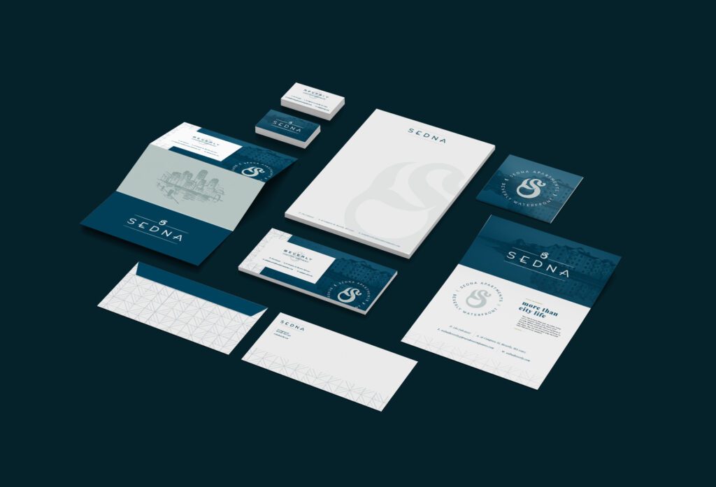 Brand collateral and stationery for a luxury waterfront apartment complex in Beverly, MA called Sedna.