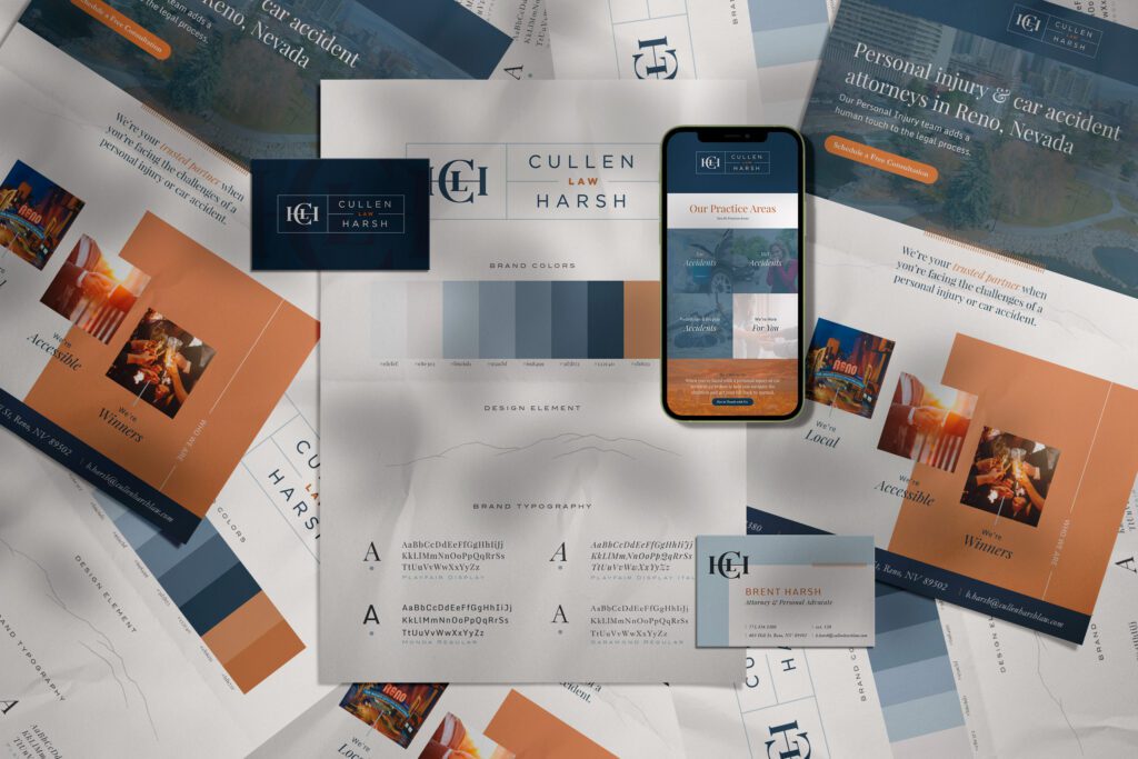 Cullen Harsh Law brand identity with business cards, color palette, and mobile-responsive website design for Law Rebranding and Website Design