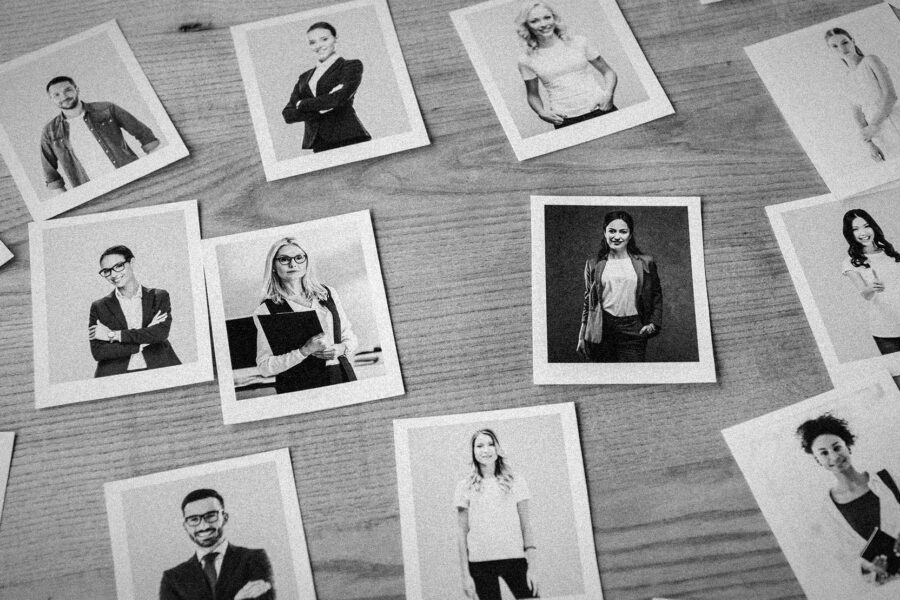 Polaroids of diverse individuals with unique personalities representing personal brands, contrasted with a cohesive business brand.