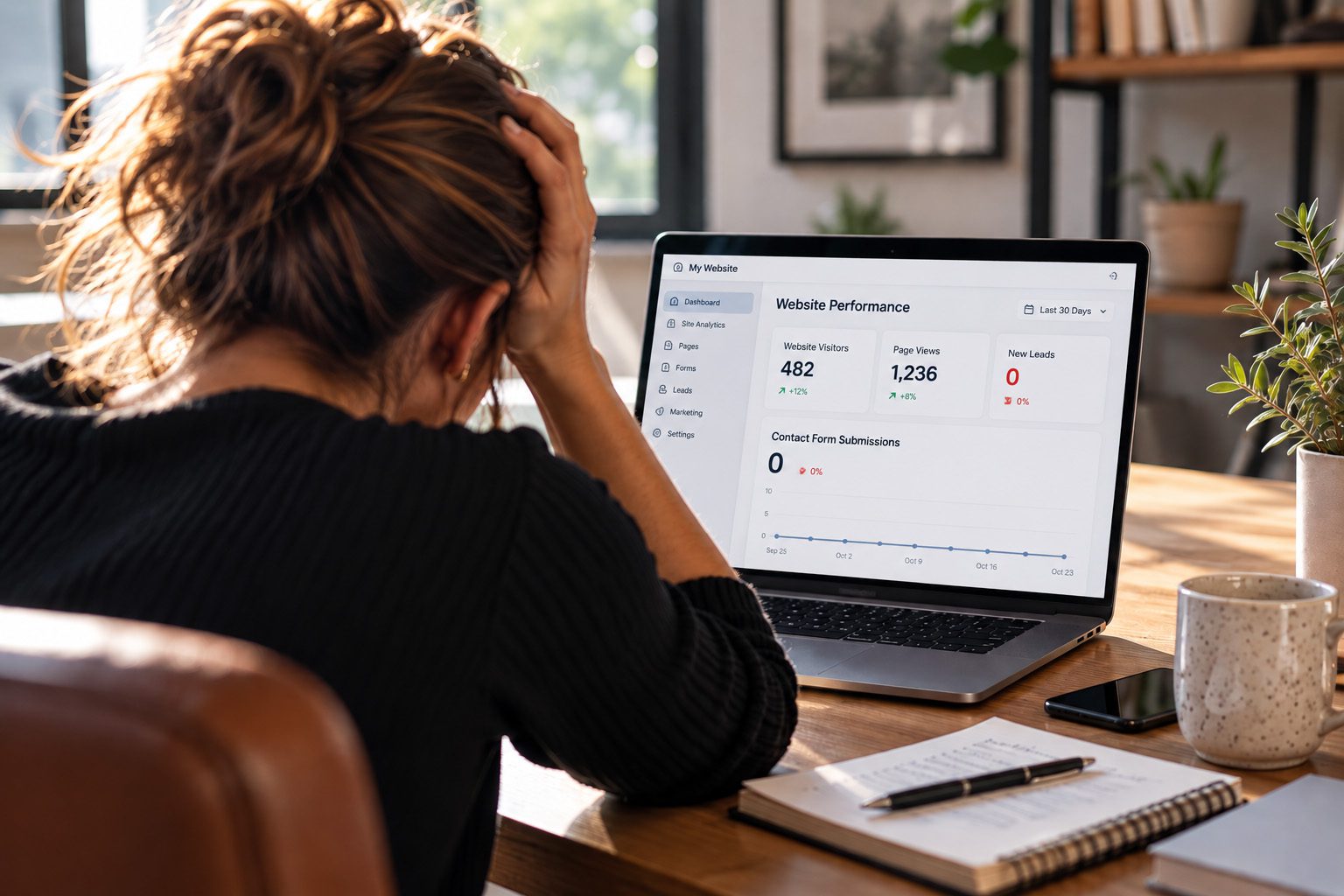 Frustrated business owner reviewing website analytics showing traffic but zero leads or contact form submissions. Copy